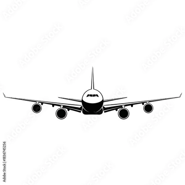 Fototapeta A front view black and white graphic illustration of a large passenger airplane with four engines ready for flight.
