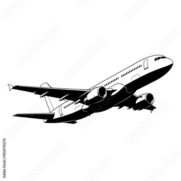 Fototapeta Black and white illustration of a large passenger airplane taking off or in flight, showcasing its sleek design and powerful engines.