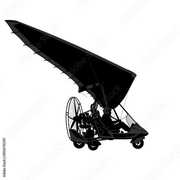 Fototapeta Silhouette of a powered hang glider ultralight aircraft with a pilot, engine, and propeller.
