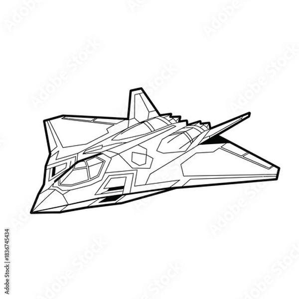 Fototapeta Line art drawing of a modern stealth fighter jet in flight, viewed from a slightly elevated angle, ready for coloring.