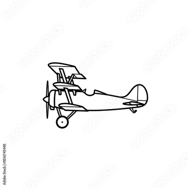 Fototapeta Line art drawing of a vintage biplane with a propeller and landing gear, viewed from the side.