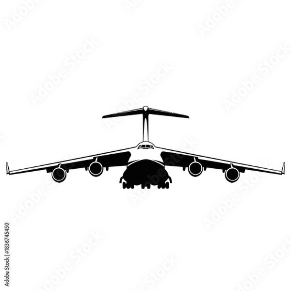Fototapeta Front view silhouette of a large military cargo airplane with four engines.
