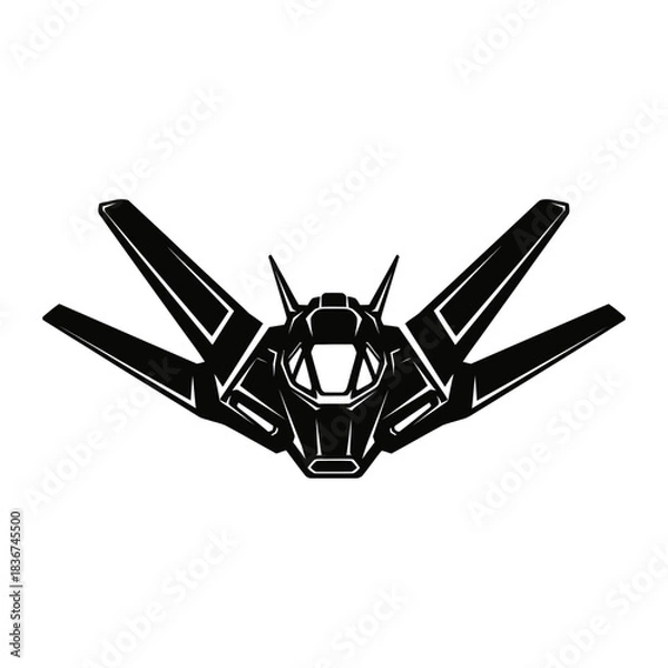 Fototapeta A sleek, futuristic black and white vector illustration of a combat spaceship or fighter jet with sharp wings and a detailed cockpit.