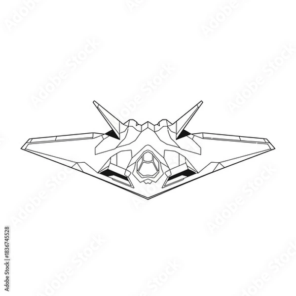 Fototapeta Stylized top-down line art drawing of a futuristic stealth fighter jet.
