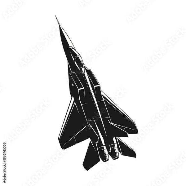 Fototapeta Monochrome vector illustration of a modern military fighter jet flying upwards, depicted in a sleek, dark silhouette against a white background.