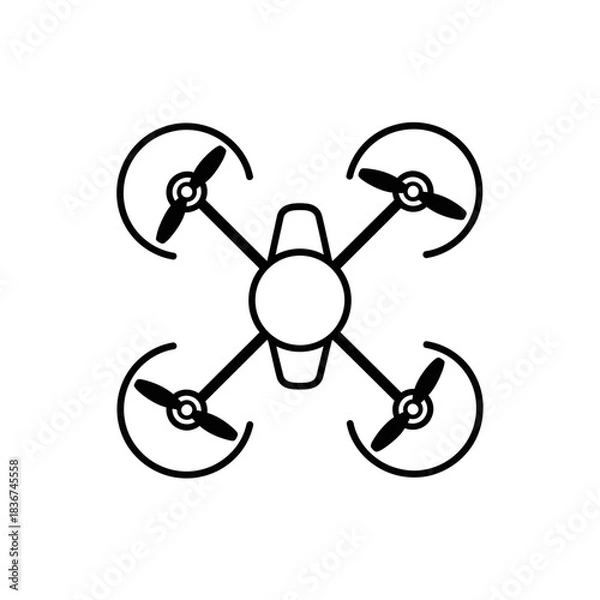 Fototapeta Minimalist black and white line art icon of a quadcopter drone with four propellers.