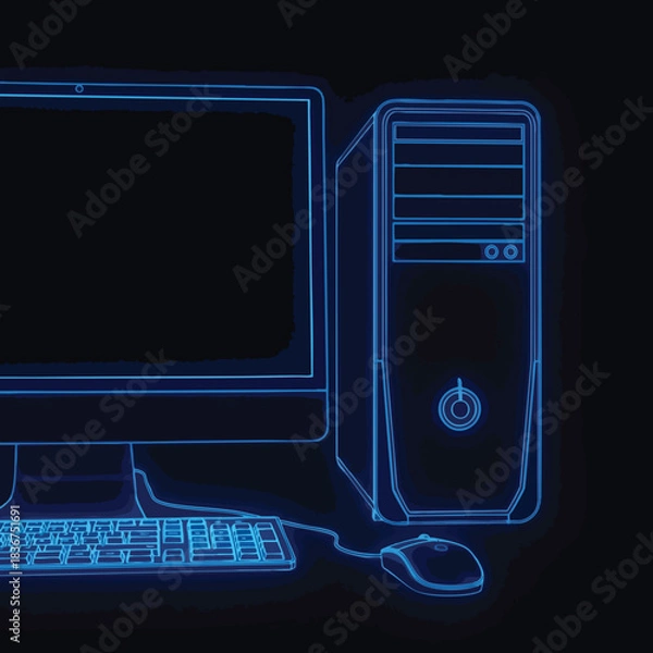 Fototapeta Neon Outlined Desktop Computer System