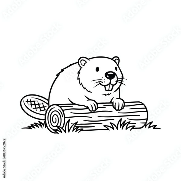 Fototapeta Cartoon Beaver Sitting on Log