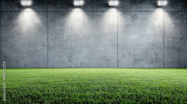 Obraz Green grass field under floodlights with concrete wall backdrop, dramatic mood