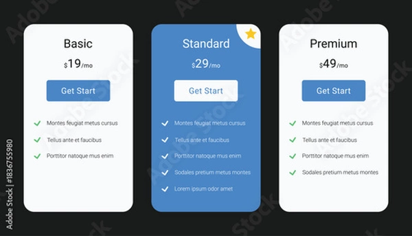 Fototapeta Clean Pricing Table for Basic, Standard, and Premium Plans