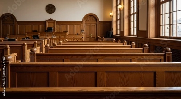 Fototapeta Empty Courtroom: Rows of Wooden Pews and Judge's Bench Under Natural Light
