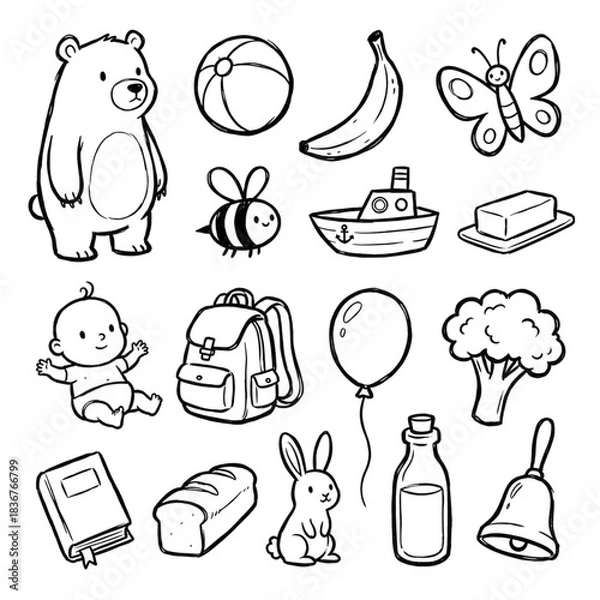 Obraz Coloring page of objects that begin with the letter B