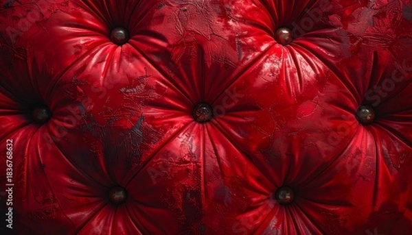 Fototapeta Close-up of aged red button-tufted upholstery with brass studs