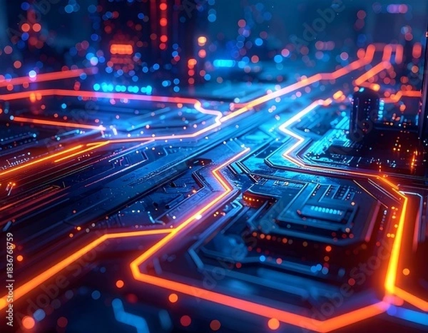 Fototapeta Close-up of circuit board with neon pathways, cityscape