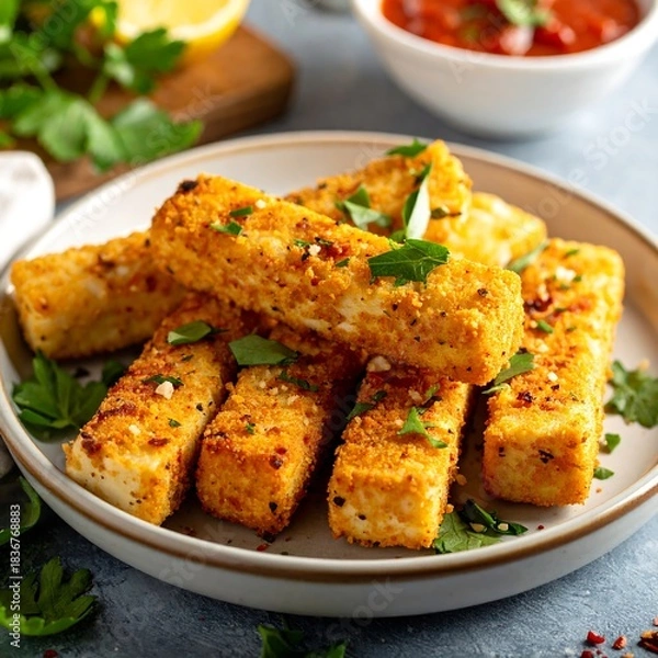 Fototapeta Close-up of breaded, fried food sticks, garnish, sauce