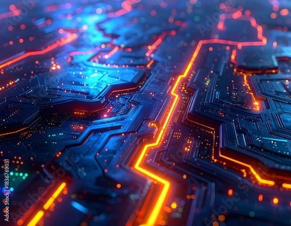 Fototapeta Close-up of glowing circuit board with orange and blue hues