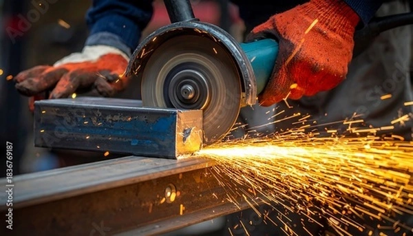 Fototapeta Close-up of hands wearing gloves using a tool to cut metal, sparking
