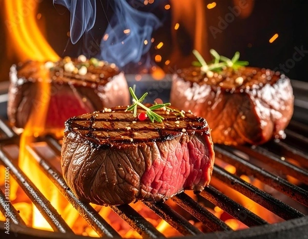 Fototapeta Close-up of three grilled, seared, and juicy steaks on fire