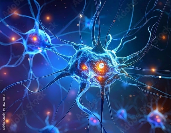Fototapeta Close-up view of stylized neurons with glowing light effects