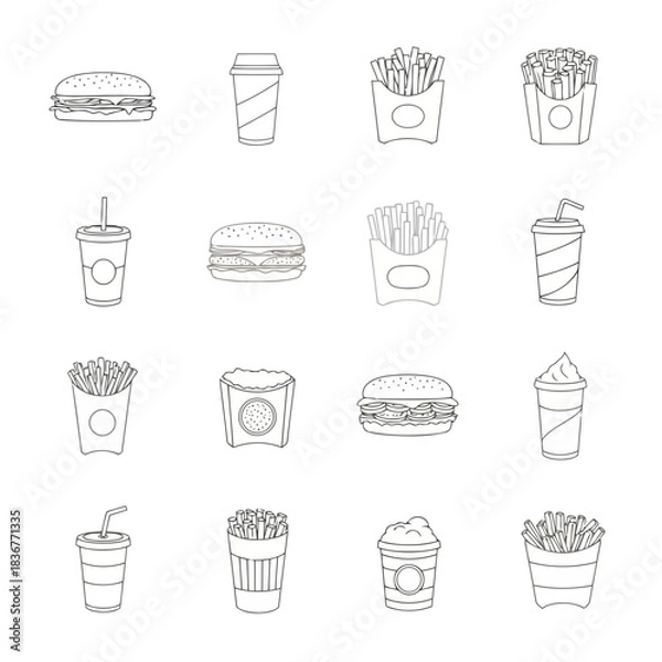 Fototapeta Minimalist line drawing of fast food items including burgers, fries, and drinks on