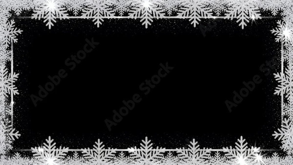 Fototapeta 黒背景に銀のラメ入り雪の結晶のフレーム素材