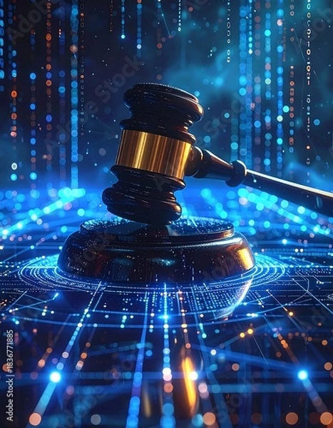 Fototapeta Digital gavel on stand, over circuit board, data streams background