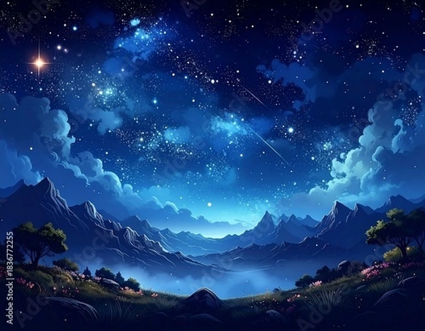 Fototapeta Digitally painted serene nightscape with starry sky, mountains, and clouds