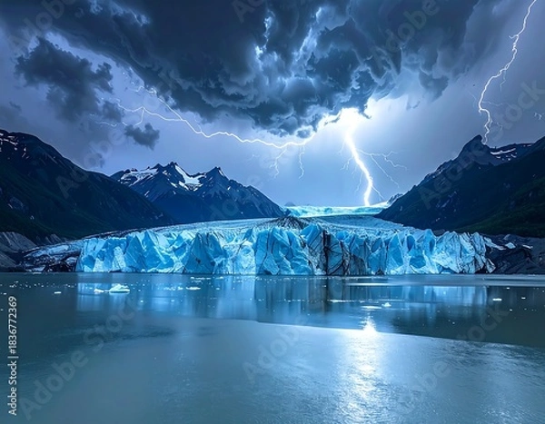 Fototapeta Dramatic glacial landscape scene with lightning striking, ominous clouds