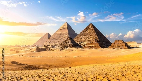 Fototapeta Egyptian pyramids at sunset, casting long shadows on desert sand