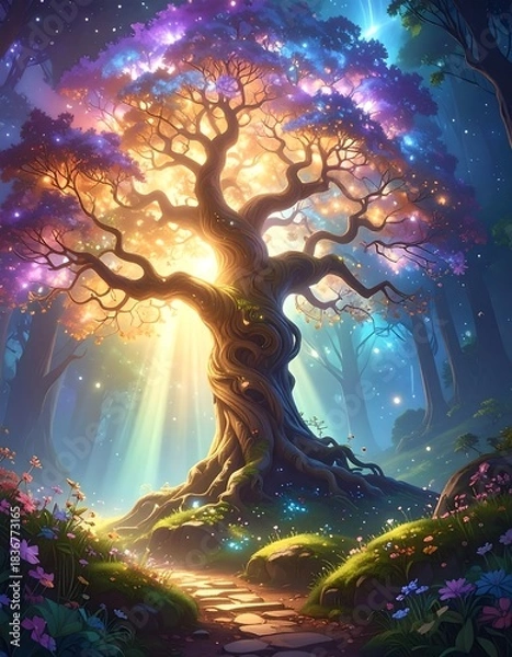 Fototapeta Enchanted forest scene featuring a luminous tree, and a stone path