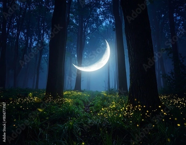 Fototapeta Enchanting moonlit forest path with glowing fireflies and mystical glow