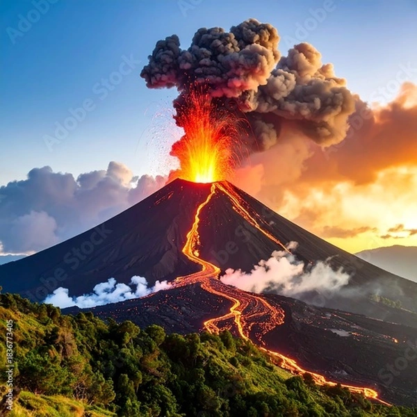 Fototapeta Erupting stratovolcano with molten lava and billowing smoke