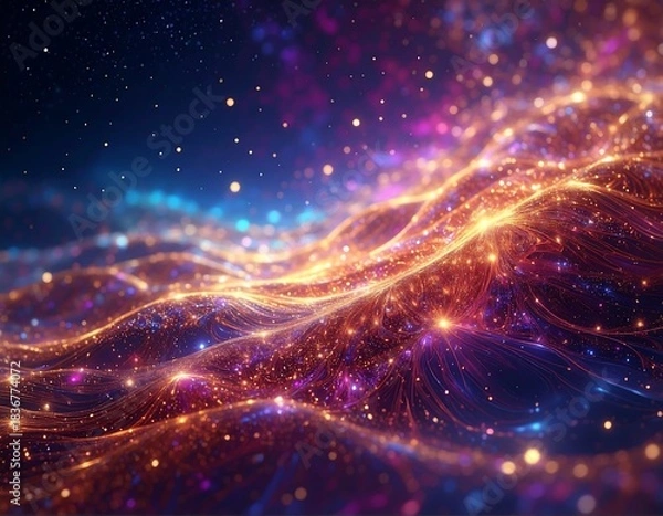 Fototapeta Flowing, vibrant lights create waves of energy across a dark, starry cosmos