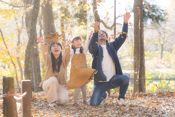 Obraz 逆光の美しい秋の公園で落ち葉遊びを楽しむ家族の笑顔・親子の幸せな秋の思い出ポートレート　お出かけやレジャーのイメージ