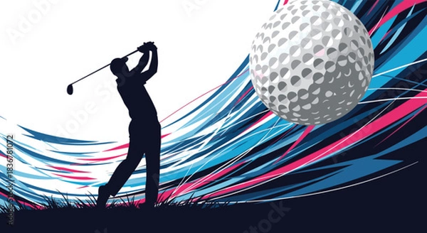 Fototapeta A silhouette of a golfer takes a powerful swing at a golf ball against a dynamic abstract background with blue and pink lines.