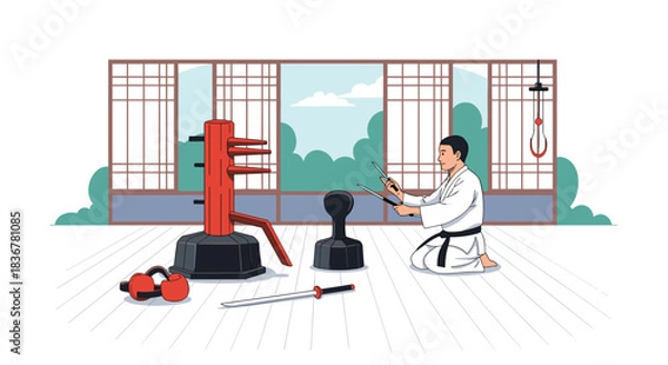 Fototapeta A dedicated martial artist in a traditional dojo prepares for training, kneeling with sai weapons surrounded by diverse equipment like a Wing Chun dummy.