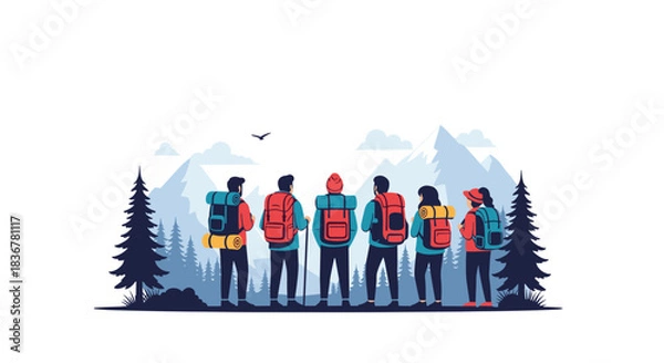Fototapeta A diverse group of six friends with backpacks stands together, admiring the majestic mountain landscape and dense forest during their hiking adventure.