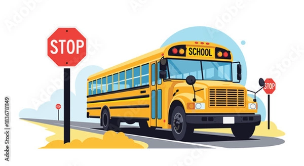 Fototapeta A bright yellow school bus with a 'SCHOOL' sign on its front is parked on a road next to a large stop sign, emphasizing student safety during transportation.