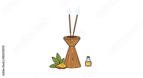 Fototapeta Aromatherapy setup with burning incense sticks, herbal powder, leaves, and essential oil for relaxation and meditation.