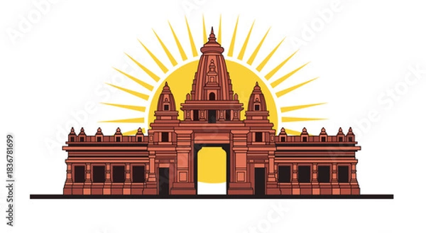 Fototapeta A stylized vector illustration featuring an ancient temple structure with a radiant sunburst in the background, embodying cultural and spiritual themes.