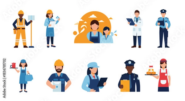 Fototapeta A collection of diverse professional people representing various occupations, including construction, healthcare, service, and public safety.