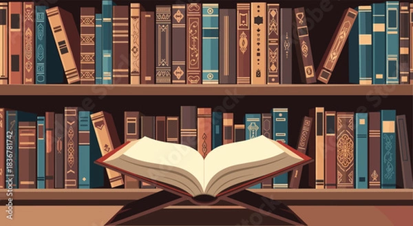 Fototapeta A detailed pixel art illustration of a library bookshelf filled with various old books, with a sacred open book placed on a stand in the foreground.