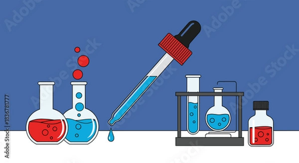 Fototapeta Chemical laboratory experiment with flasks, test tubes, and a dropper dispensing colorful liquids, symbolizing scientific research and discovery.