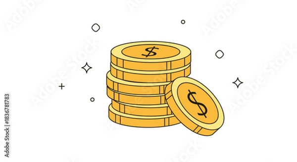 Fototapeta A stack of golden dollar coins with one leaning coin, surrounded by simple sparkle elements, symbolizing finance, wealth, and savings.