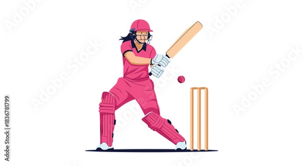 Fototapeta A female cricket player in a vibrant pink uniform is in batting action, ready to hit the ball during a match.