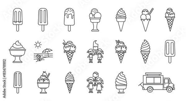 Fototapeta Line art vector icons of diverse ice cream treats, popsicles, sundaes, a summer beach, an ice cream truck, and kids enjoying sweets.