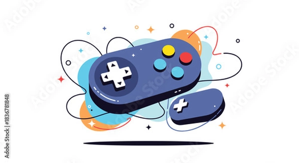 Fototapeta Stylized flat design illustration of two game controllers floating amidst colorful abstract shapes, symbolizing modern digital gaming and entertainment.
