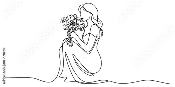 Fototapeta Continuous line drawing of a woman in profile, sitting gracefully and gently holding a fresh bouquet of flowers to her face, modern minimalist art Vector, illustration