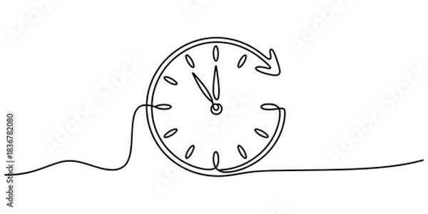 Fototapeta Continuous line drawing of a clock with an arrow symbolizing time passing, a deadline, or schedule management on a clean white background Vector, illustration