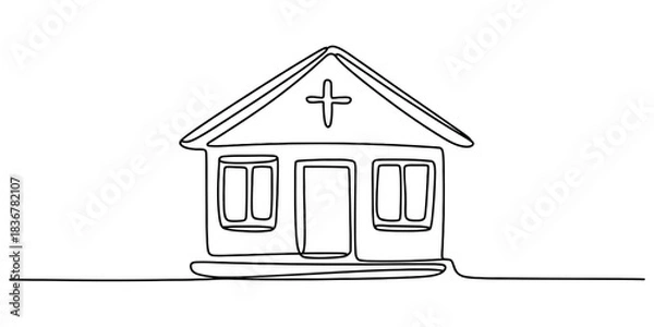 Fototapeta Continuous line art drawing of a minimalist house with a cross on the roof, symbolizing home, healthcare, and religious sanctuary Vector, illustration